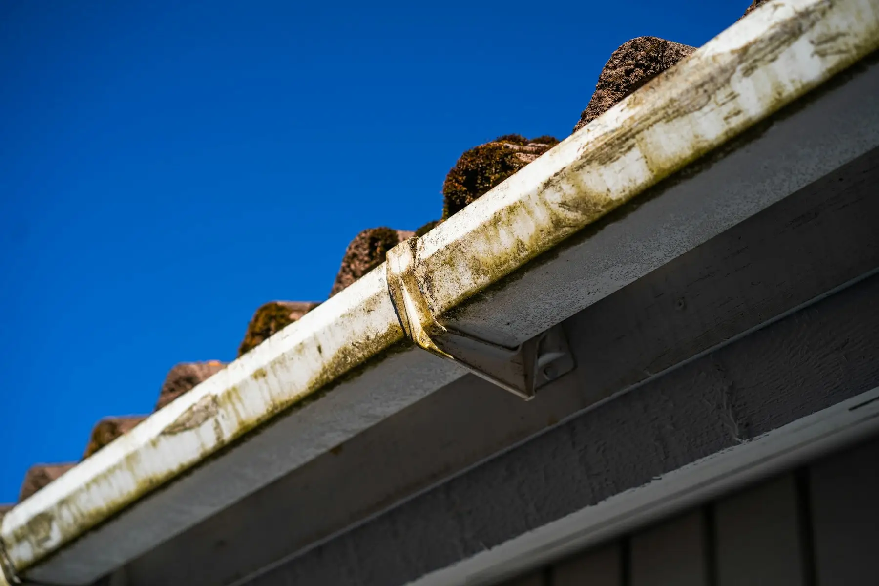 Close-up of dirty, stained gutters along a roof edge